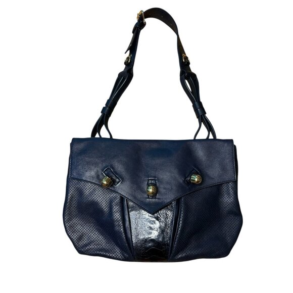 Balenciaga Ostrich Leg Navy Perforated Leather Shoulder Dual Bag Gold Buttons - Picture 1 of 8